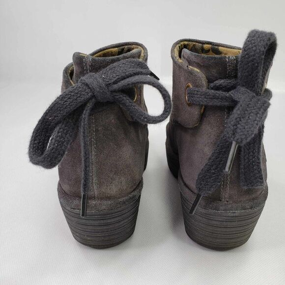 FLY London Suede Ruched Ankle Boots with Tie Detail Gray Women's Size 8 Wedge - Picture 3 of 9